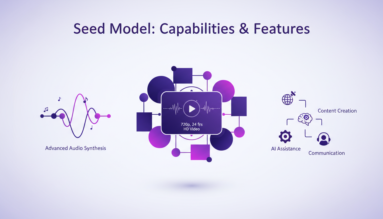 Modern illustration of Seed Model capabilities, HD 720p video, advanced audio synthesis, AI applications, indigo and violet palette.