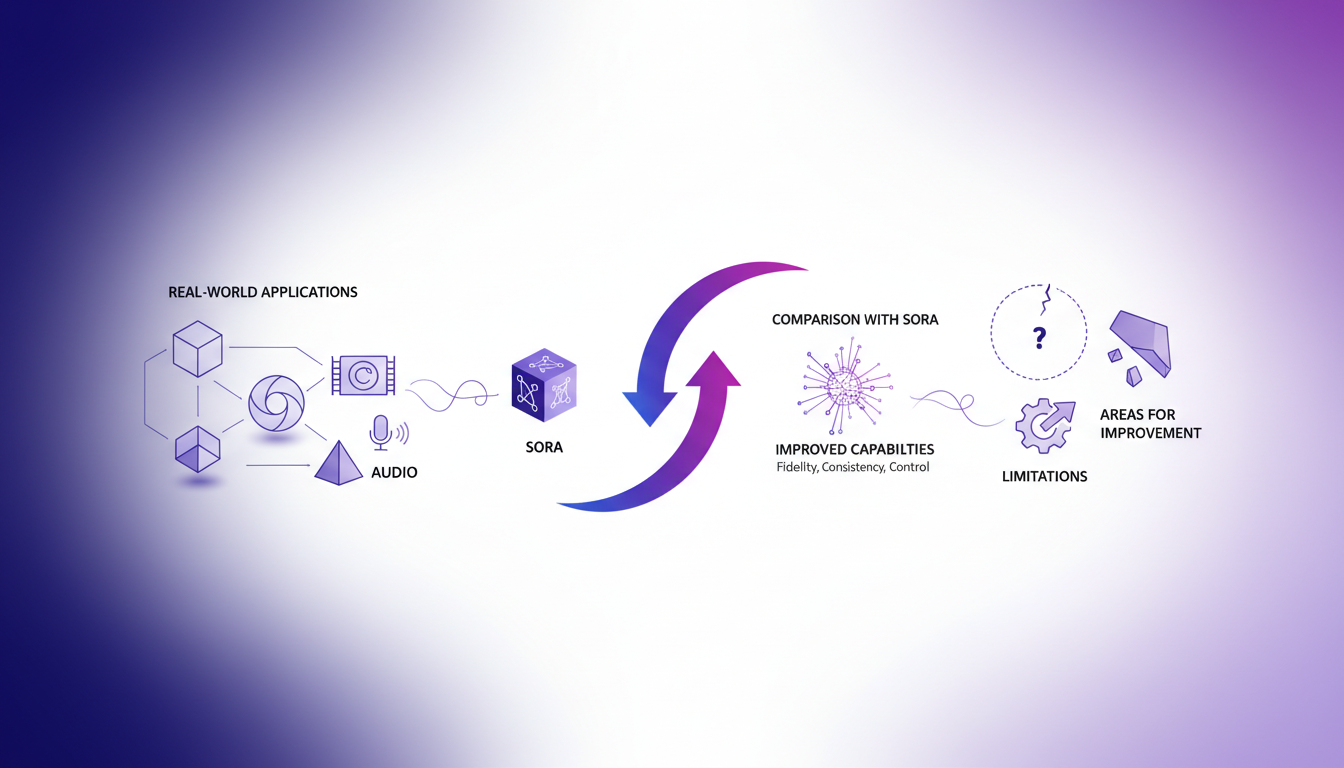 Modern illustration of AI applications and comparison with Sora, featuring geometric shapes and indigo-violet gradients.