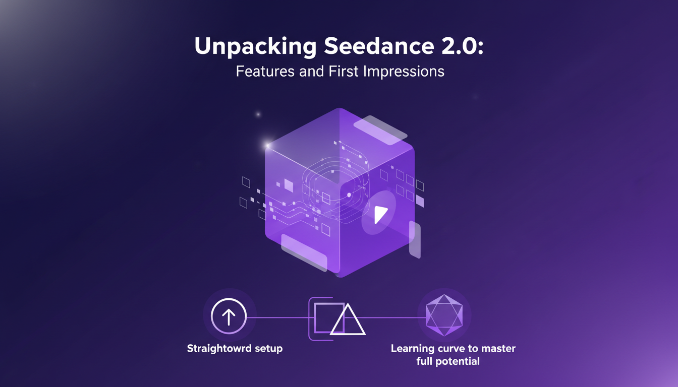 Modern illustration of Seedance 2.0 highlighting features for rapid video content creation with geometric shapes and gradient overlays.