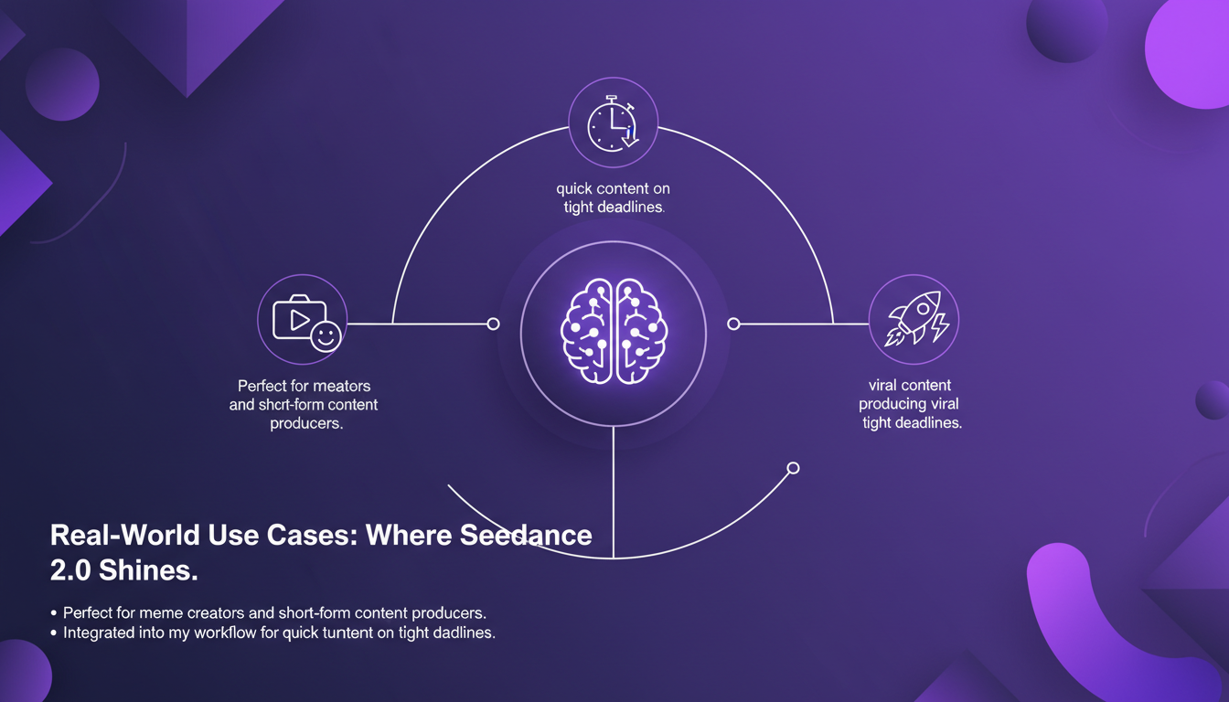 Modern minimalist illustration of Seedance 2.0, perfect for meme creators and short-form content producers, featuring indigo and violet geometric shapes and gradients.