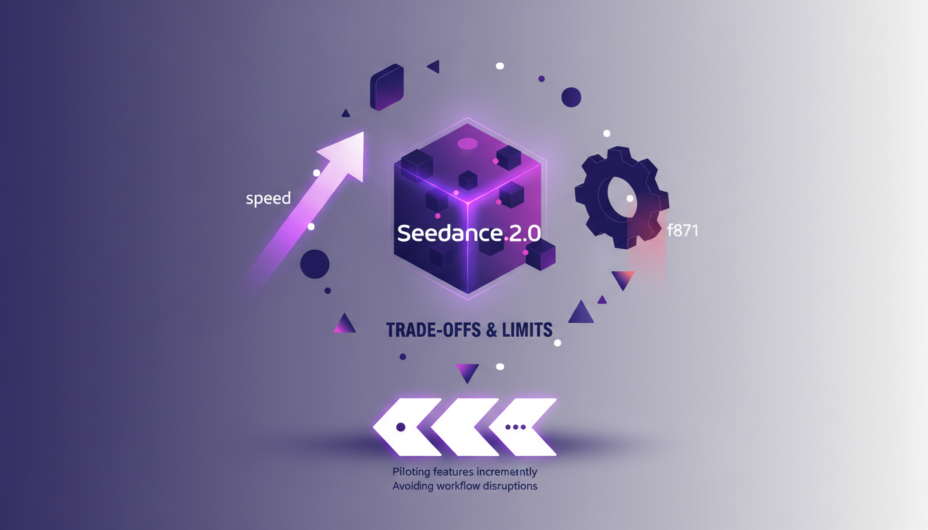 Modern illustration of Seedance 2.0, depicting trade-offs and limits balance, with geometric shapes and violet gradients.