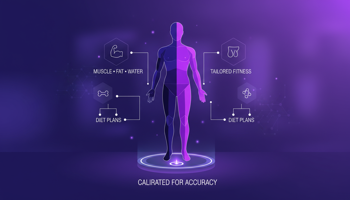 Modern illustration of segmental body composition analysis with geometric shapes and violet gradients, highlighting muscle, fat, water metrics.