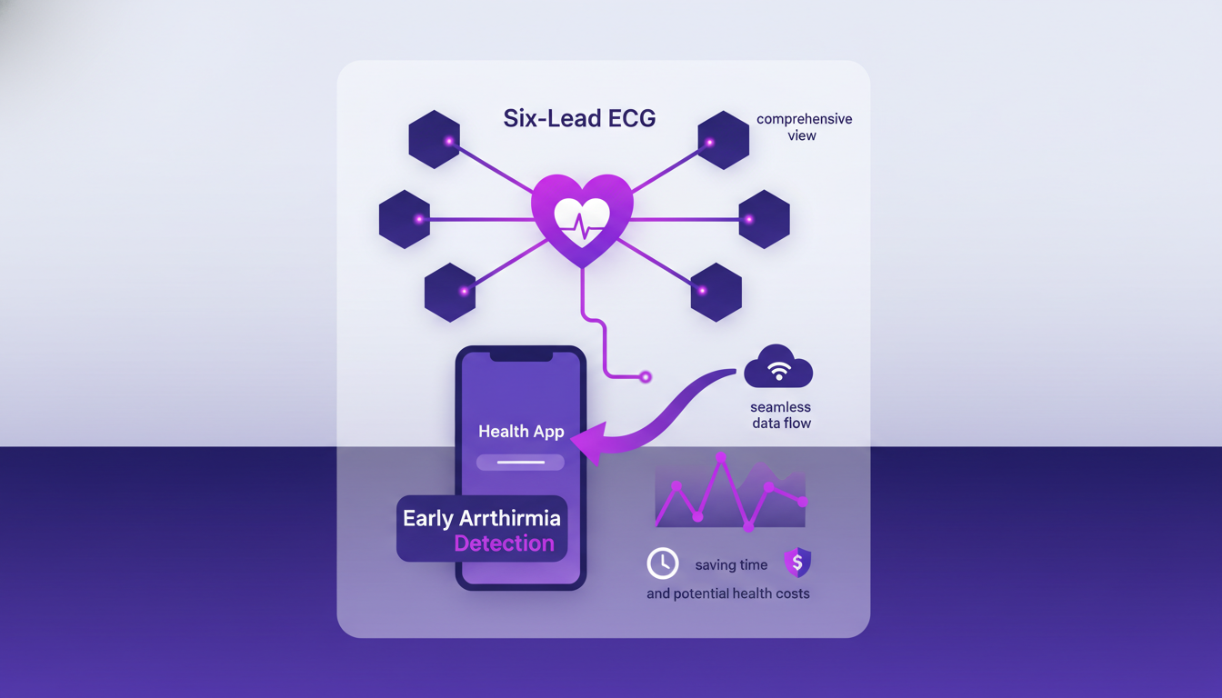 Modern illustration of six-lead ECG monitoring, integrated with health app, providing early arrhythmia detection and comprehensive heart view.