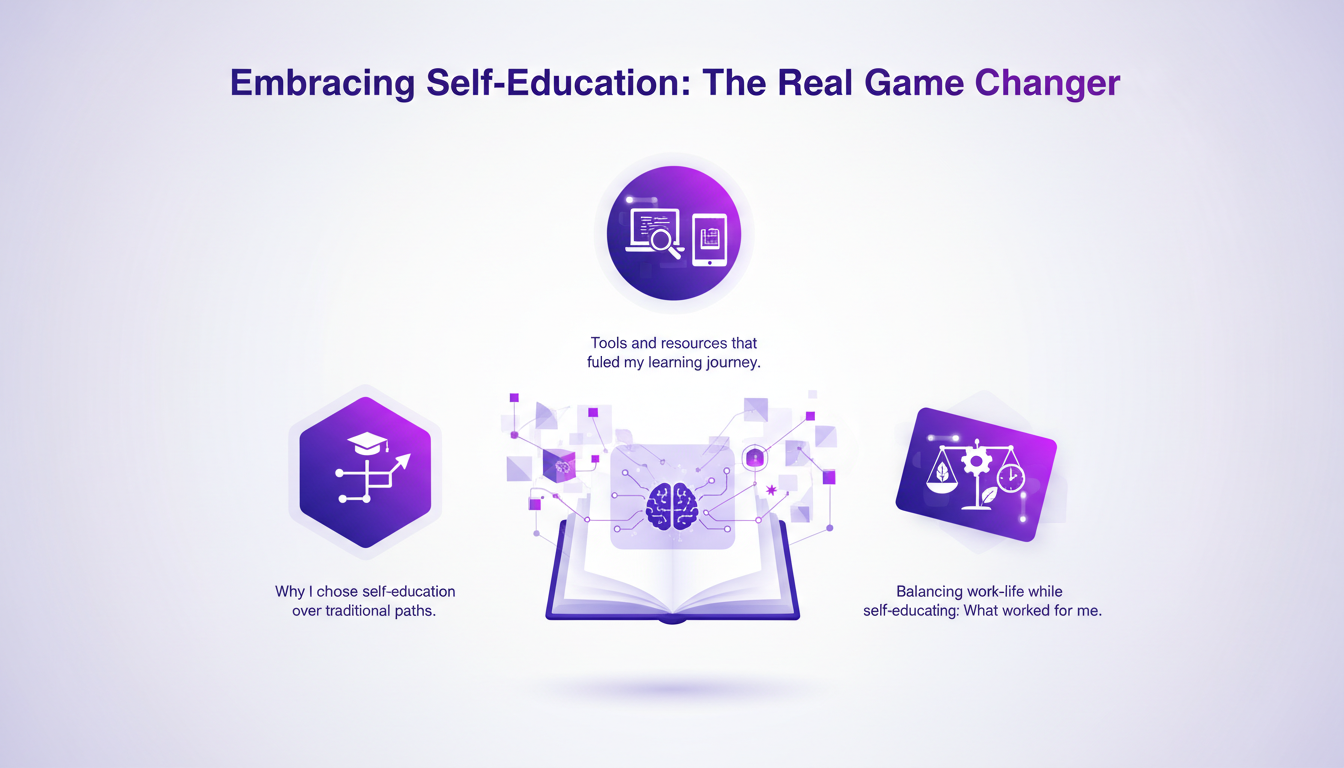 Illustration moderne minimaliste symbolisant l'auto-éducation avec des formes géométriques et des dégradés indigo et violet.