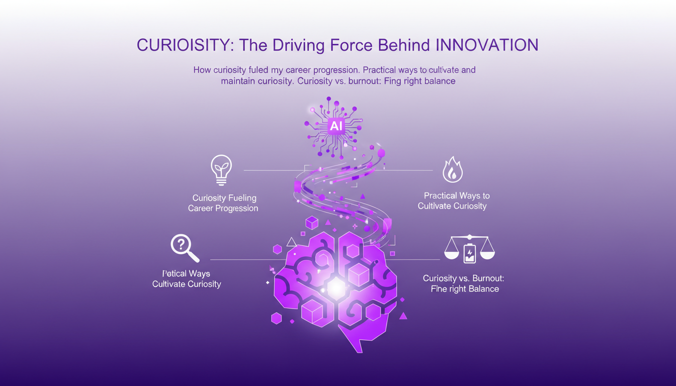 Illustration moderne minimaliste sur la curiosité comme moteur de l'innovation, avec formes géométriques et couleurs indigo et violet.