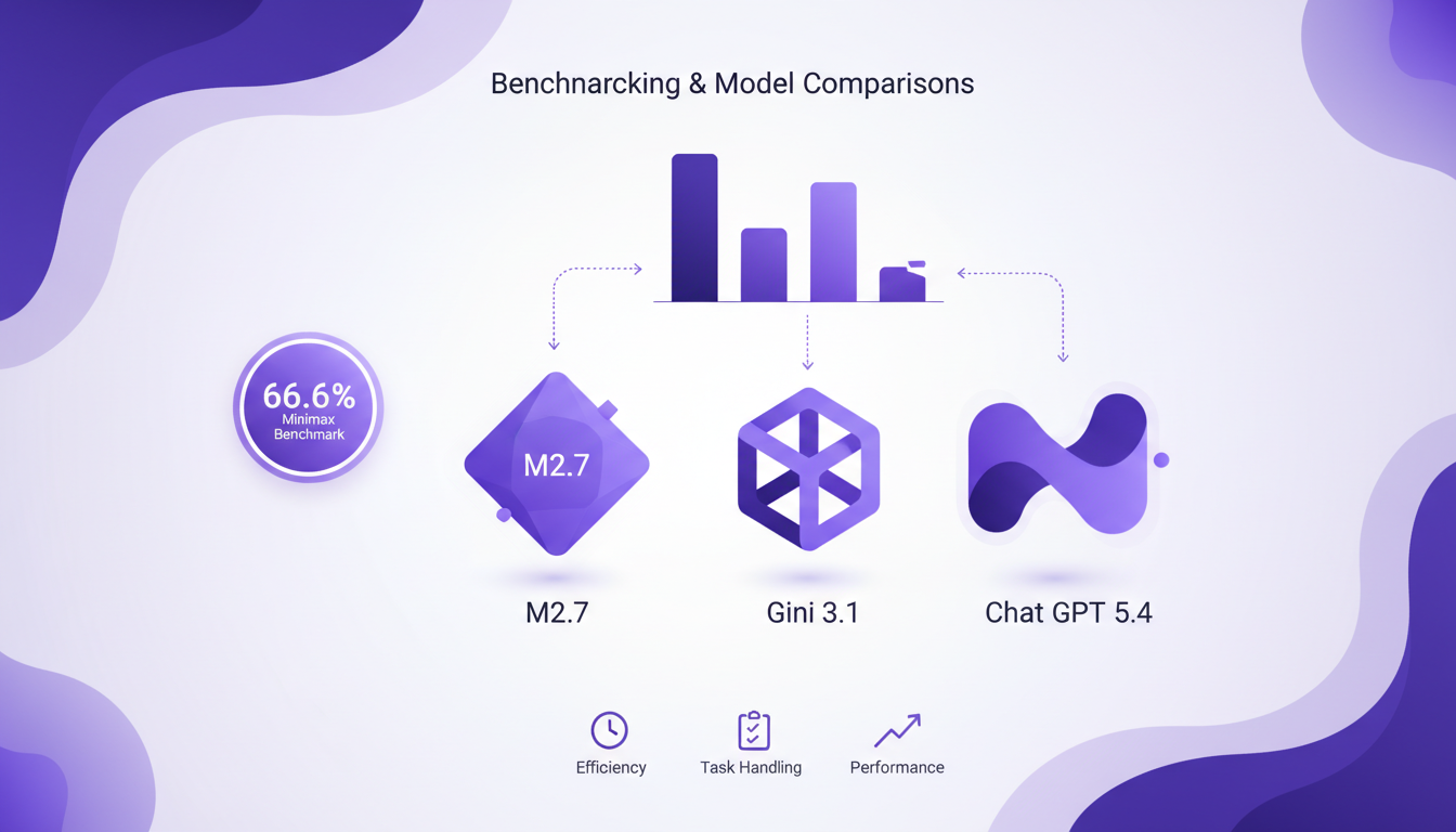 Illustration moderne comparant les performances des modèles M2.7, Gini 3.1 et Chat GPT 5.4, avec un score Minimax de 66.6.
