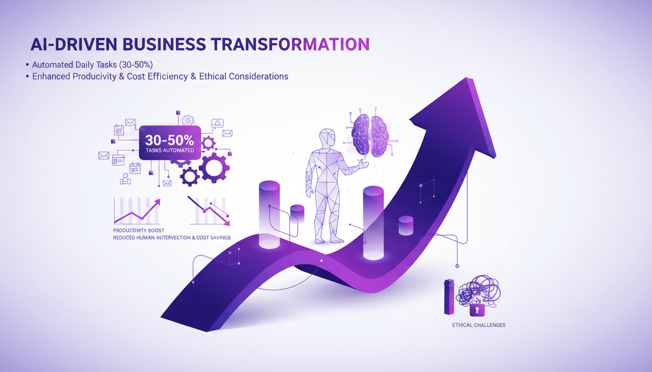 Illustration moderne de la transformation des entreprises par l'IA, montrant des modèles d'IA gérant des tâches, avec des formes géométriques et des dégradés.