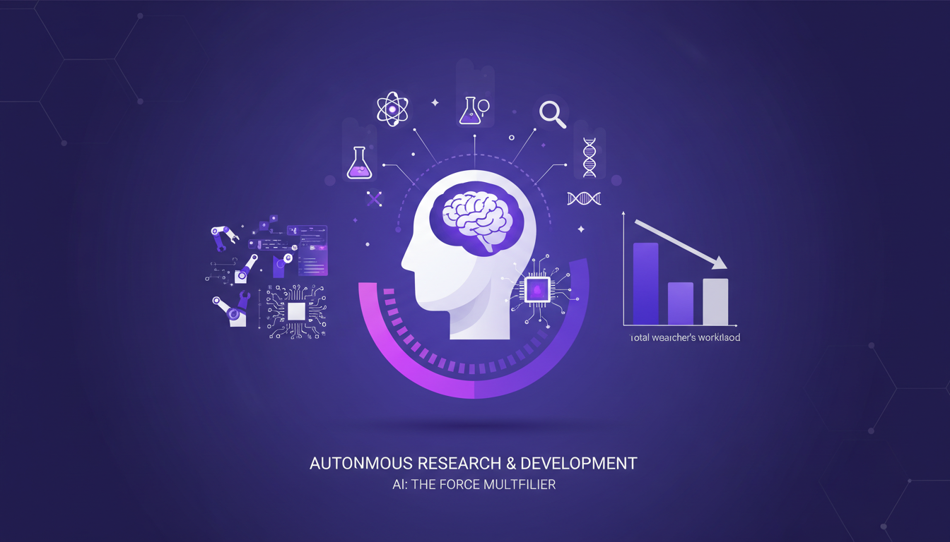 Illustration moderne de la R&D autonome avec IA, montrant la réduction de la charge de travail des chercheurs, palette indigo et violet.