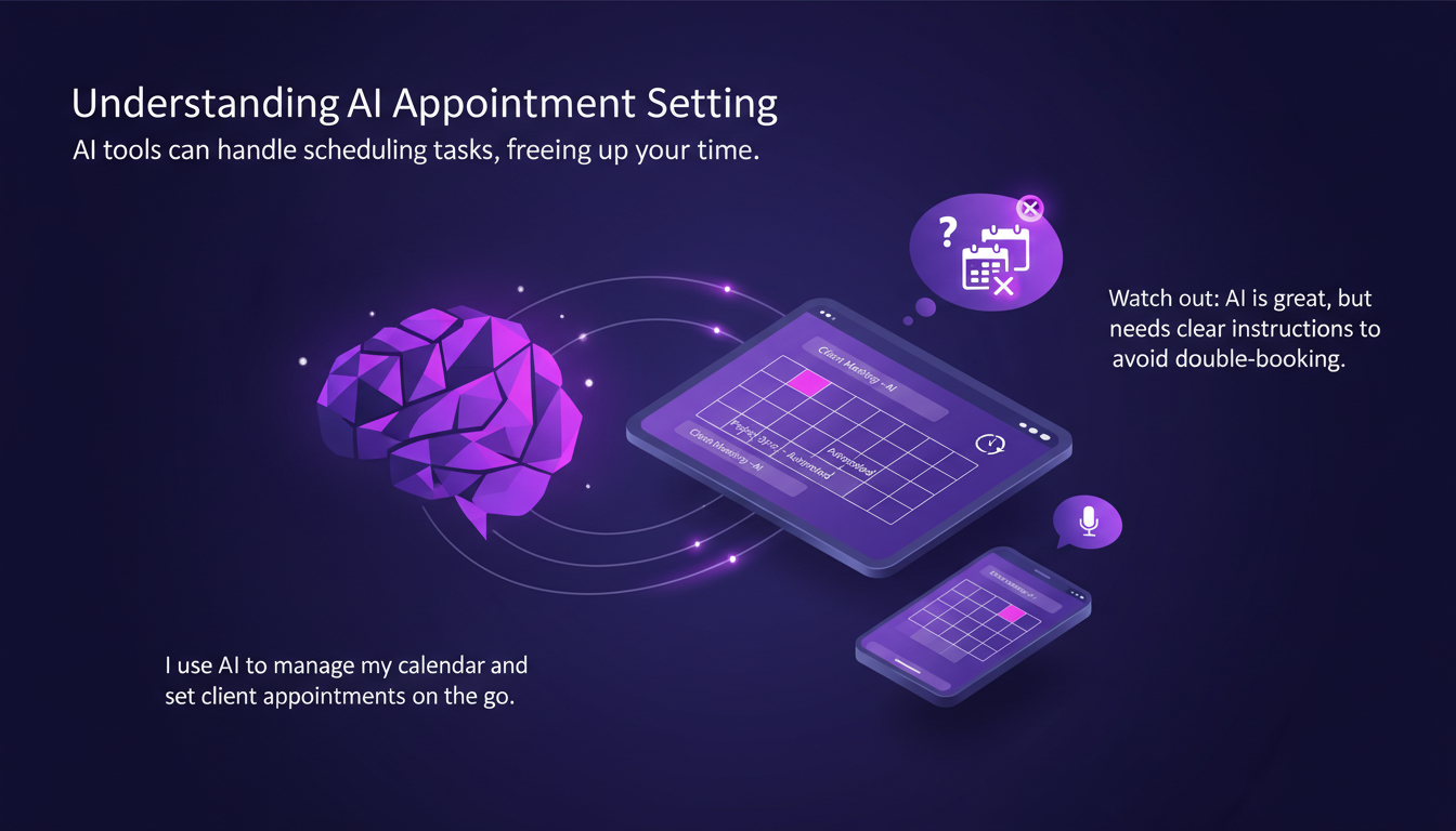 Illustration moderne de la gestion des rendez-vous par IA, avec outils technologiques et formes géométriques, dans des tons indigo et violet.