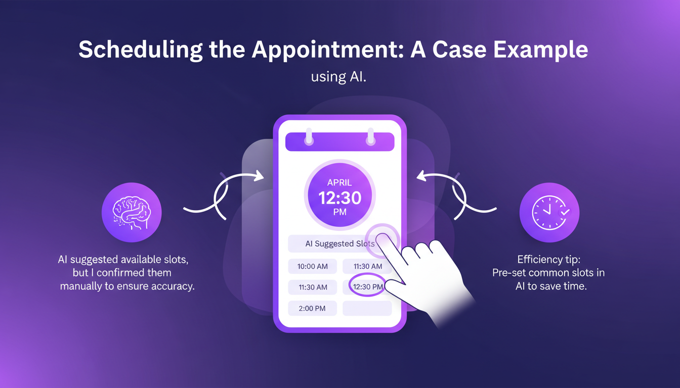 Illustration moderne de planification de rendez-vous avec IA, slots disponibles confirmés manuellement, style minimaliste professionnel.