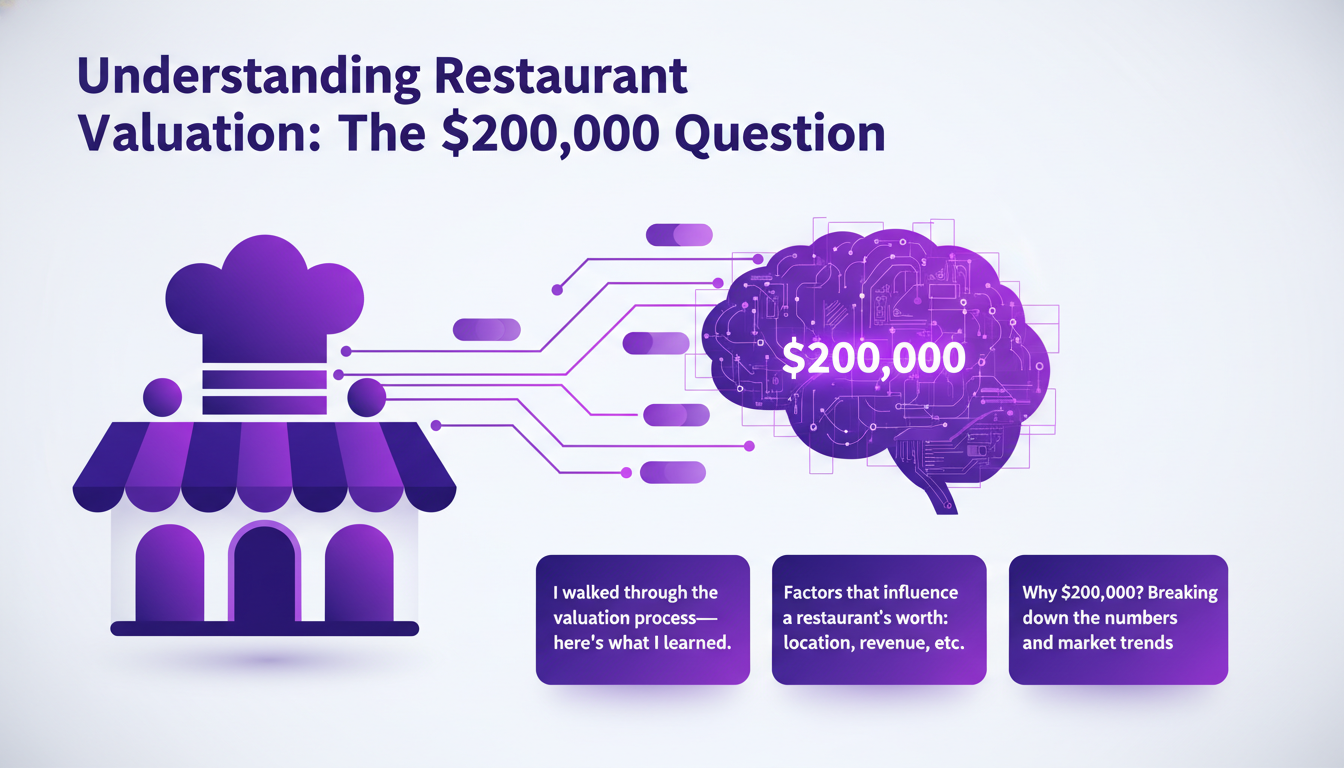 Illustration moderne sur l'évaluation des restaurants à 200 000 $, avec formes géométriques et dégradés indigo et violet.