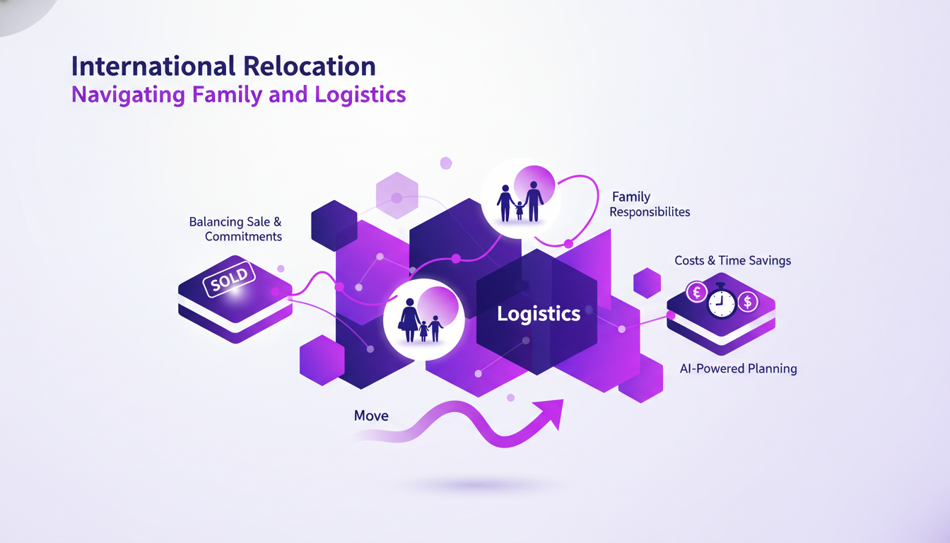 Illustration moderne du déménagement international : famille et logistique, avec des formes géométriques et des dégradés indigo et violet.