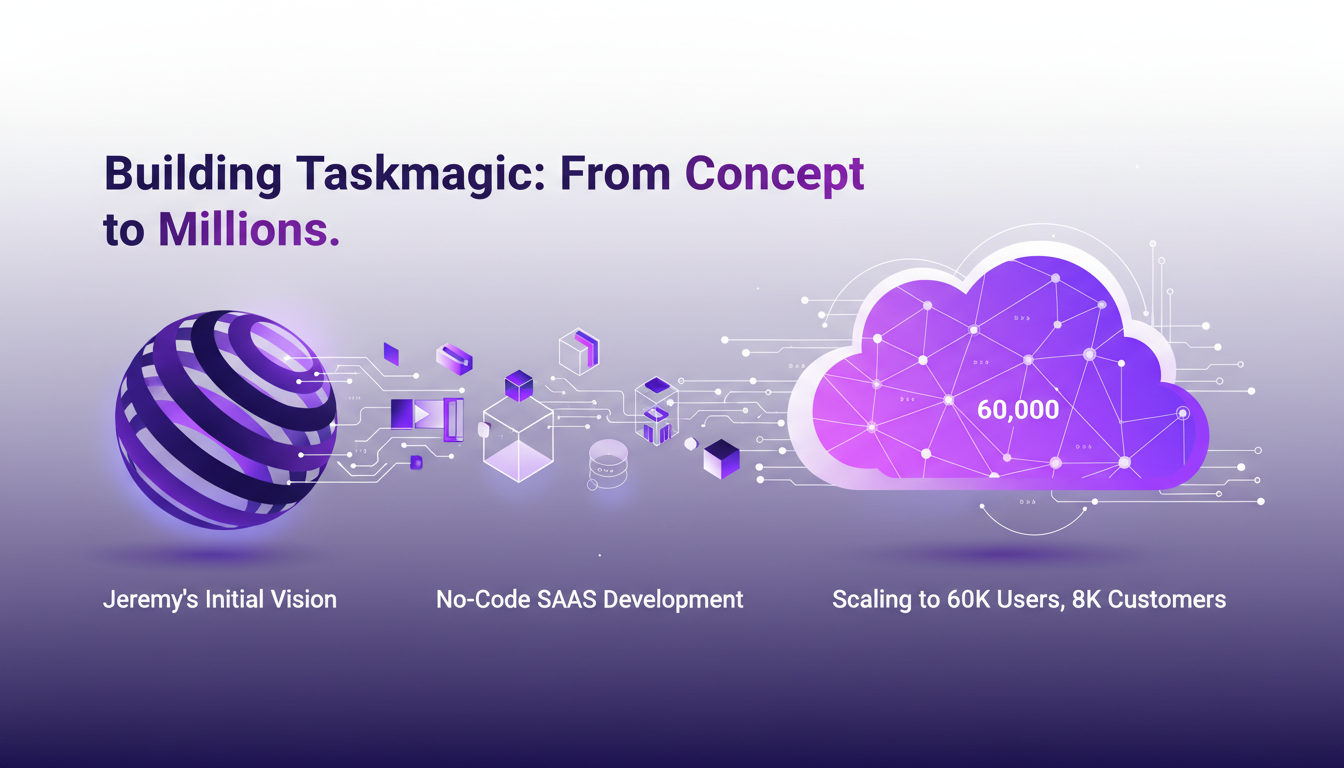 Modern illustration of Taskmagic, depicting Jeremy's vision evolving to 60,000 users using no-code tools for rapid SaaS growth.