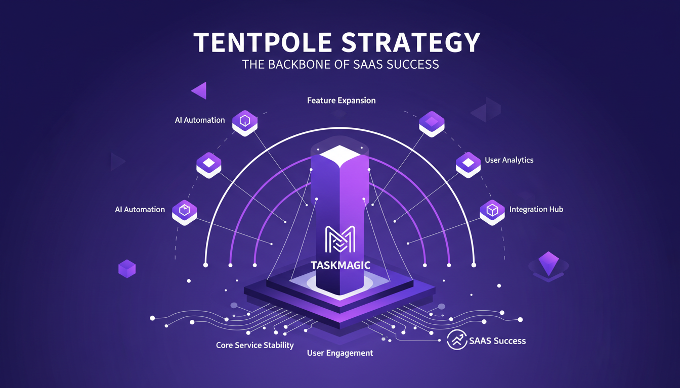 Modern illustration of Tentpole Strategy for SaaS success, featuring geometric shapes, clean lines, and indigo-violet color palette.