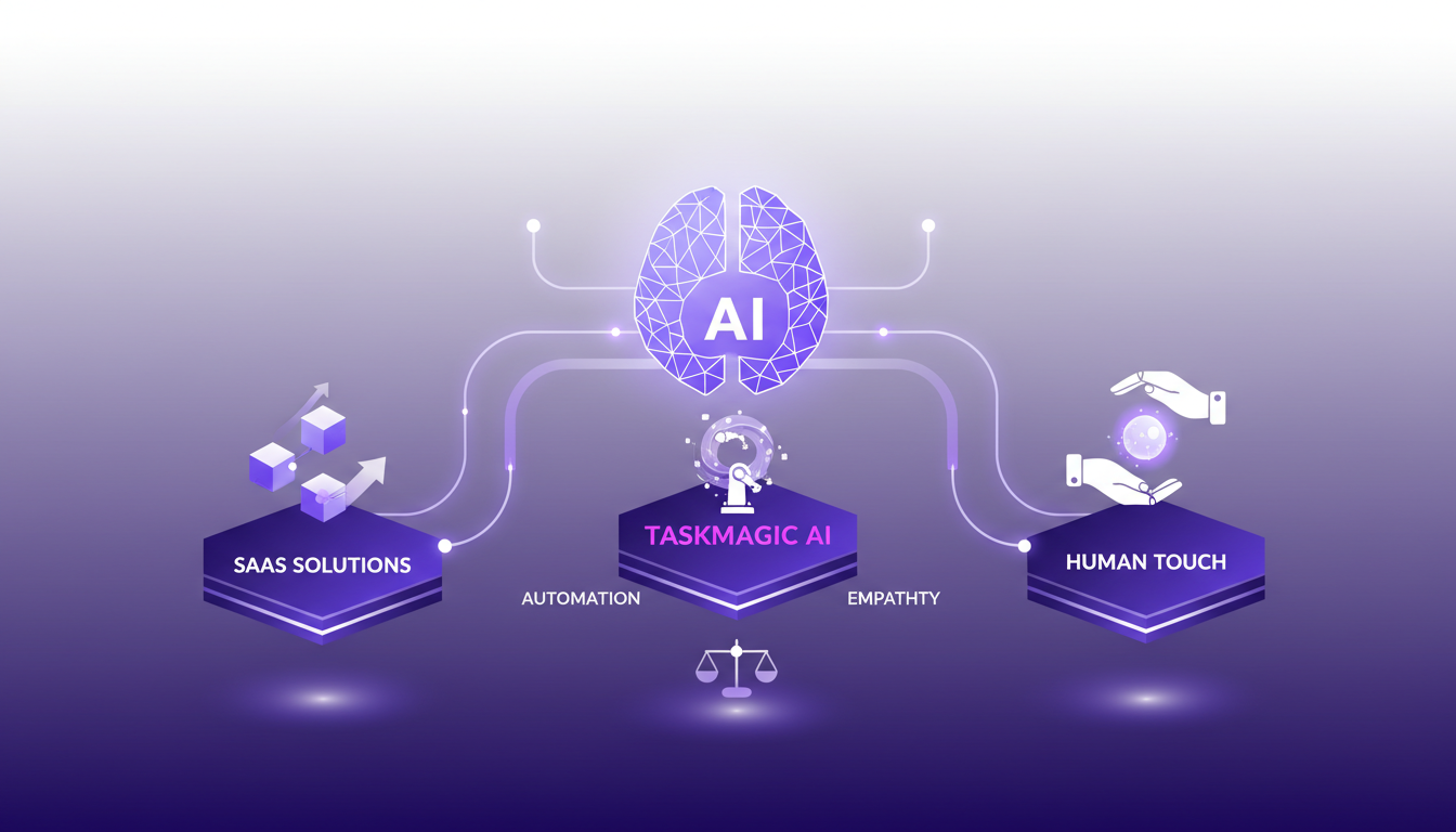 Modern illustration of the future of SaaS and AI impact, featuring geometric shapes and violet gradients, highlighting AI-driven automation.
