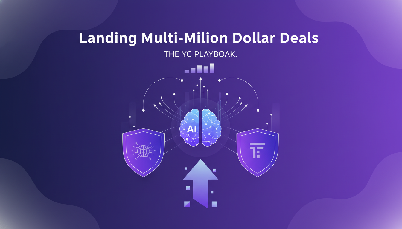Illustration moderne de startups YC décrochant des contrats millionnaires, avec IA et grandes entreprises, dans un style minimaliste et indigo.