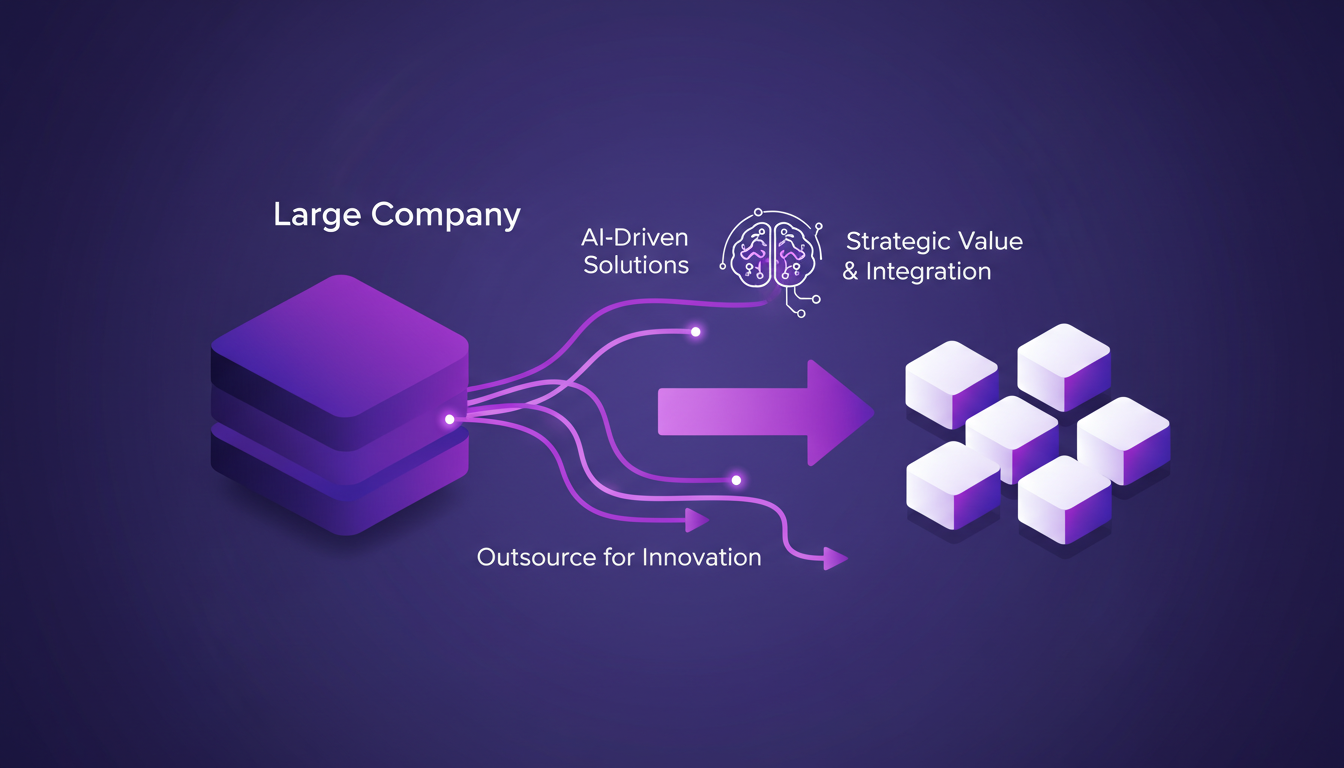 Illustration moderne de grandes entreprises adoptant l'IA et les startups, avec des leaders intégrant des solutions innovantes, style minimaliste.