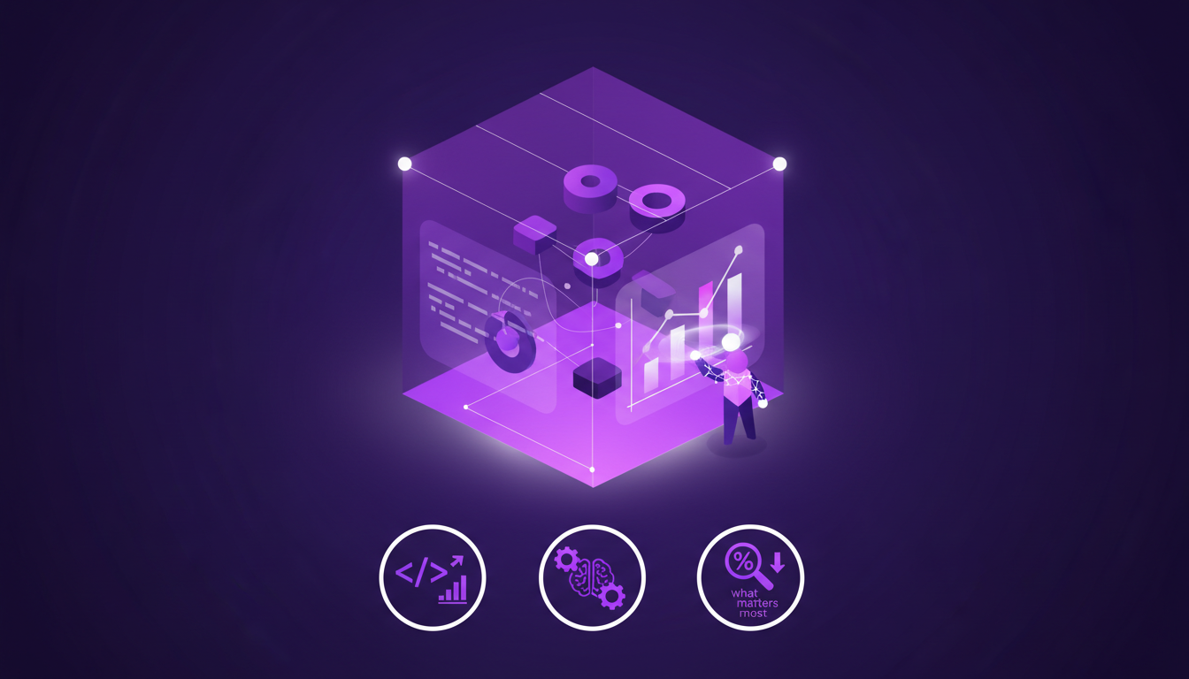 Modern illustration of developing metrics calculation skills with code and charts, integrated into AI automated analysis.