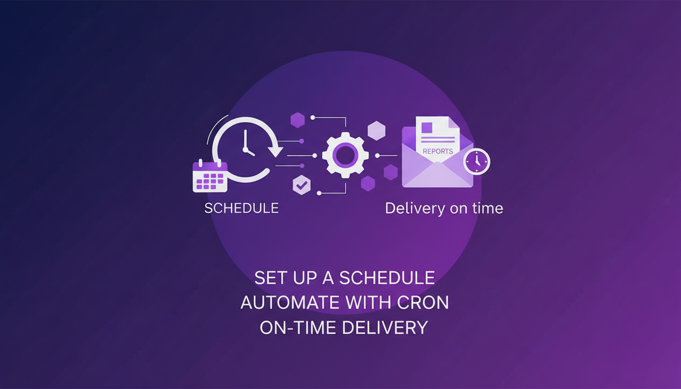 Modern illustration of scheduling and automating reports, featuring geometric shapes and violet, indigo gradients for a tech blog.