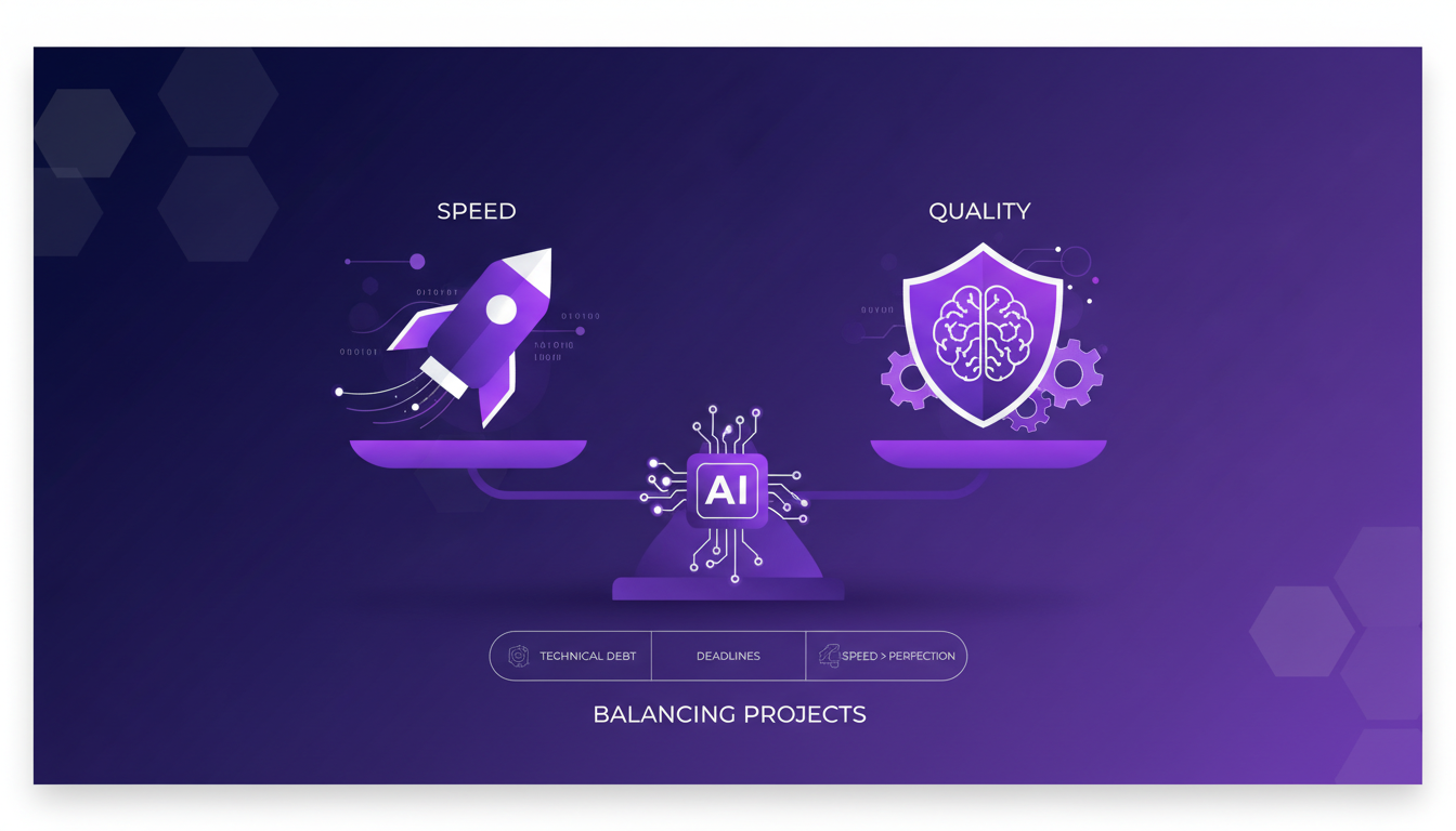 Modern minimalist illustration balancing speed and quality in projects, featuring geometric shapes and indigo, violet gradients.