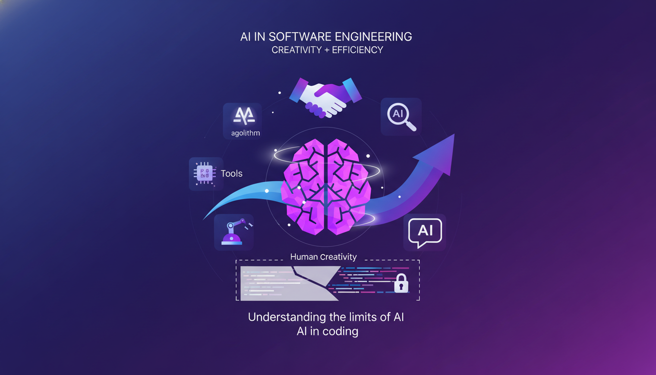Modern illustration of software engineering with AI tools, highlighting workflow impact, human creativity, and AI efficiency.