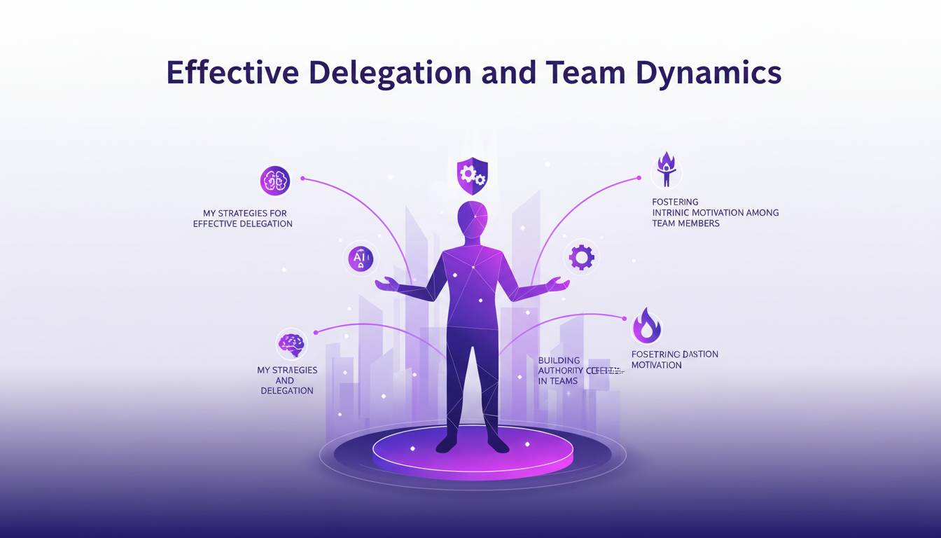 Modern illustration of effective delegation and team dynamics with geometric shapes, soft shadows, clean lines, gradient overlays.