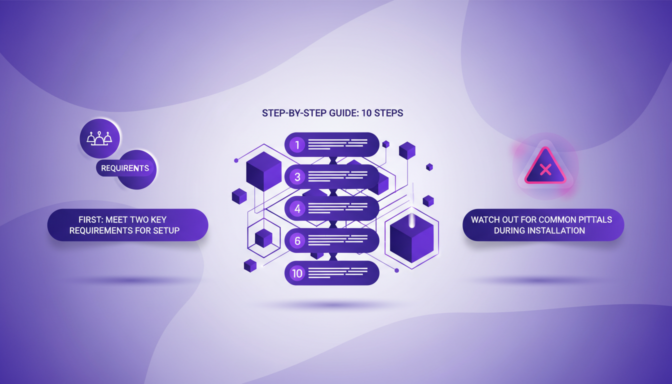 Modern minimalist illustration of setting up Claude Co-work, featuring geometric shapes and violet gradients, step-by-step installation guide.