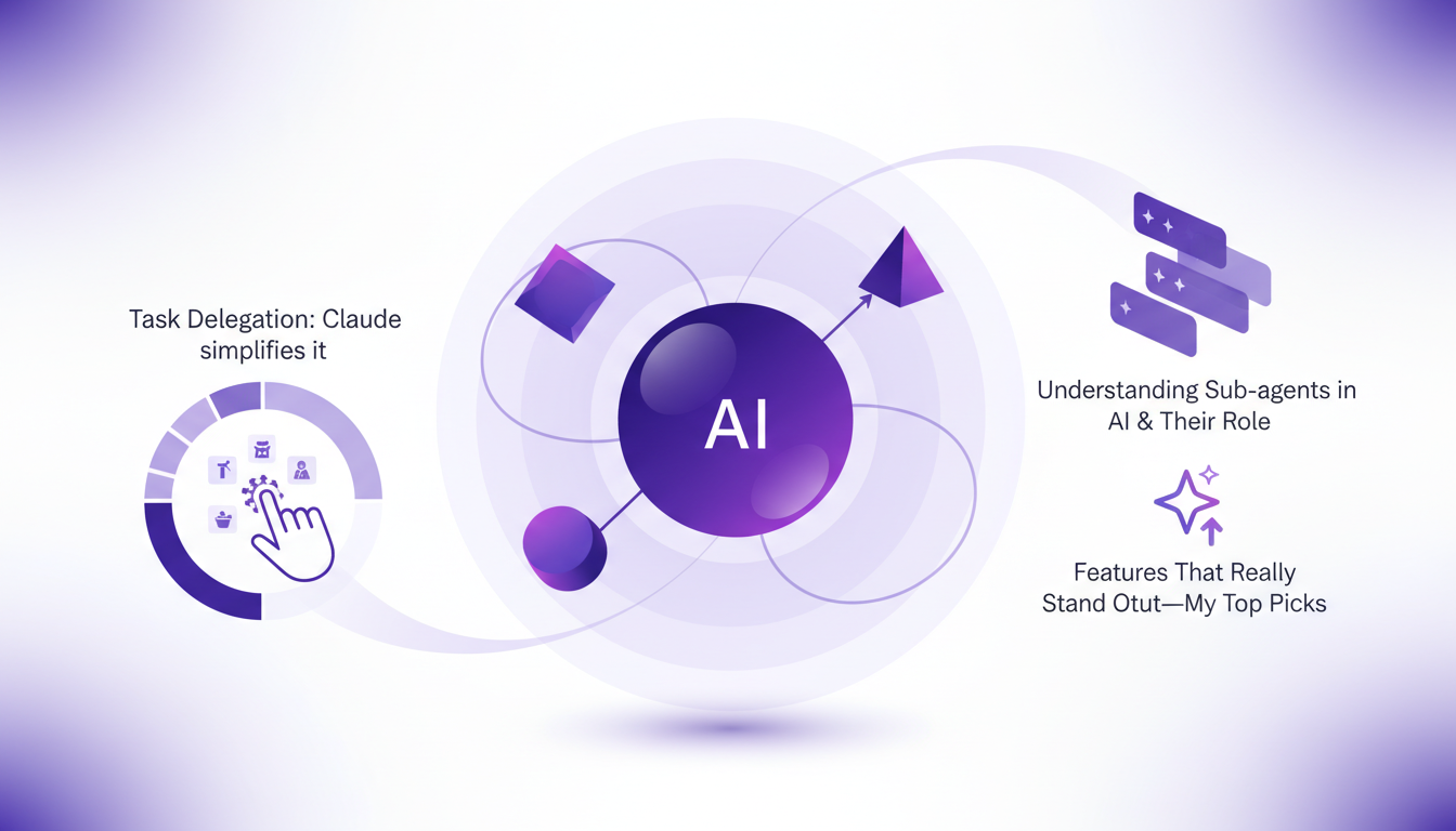 Modern illustration of AI feature exploration, with geometric shapes and indigo-violet gradients, highlighting task delegation.