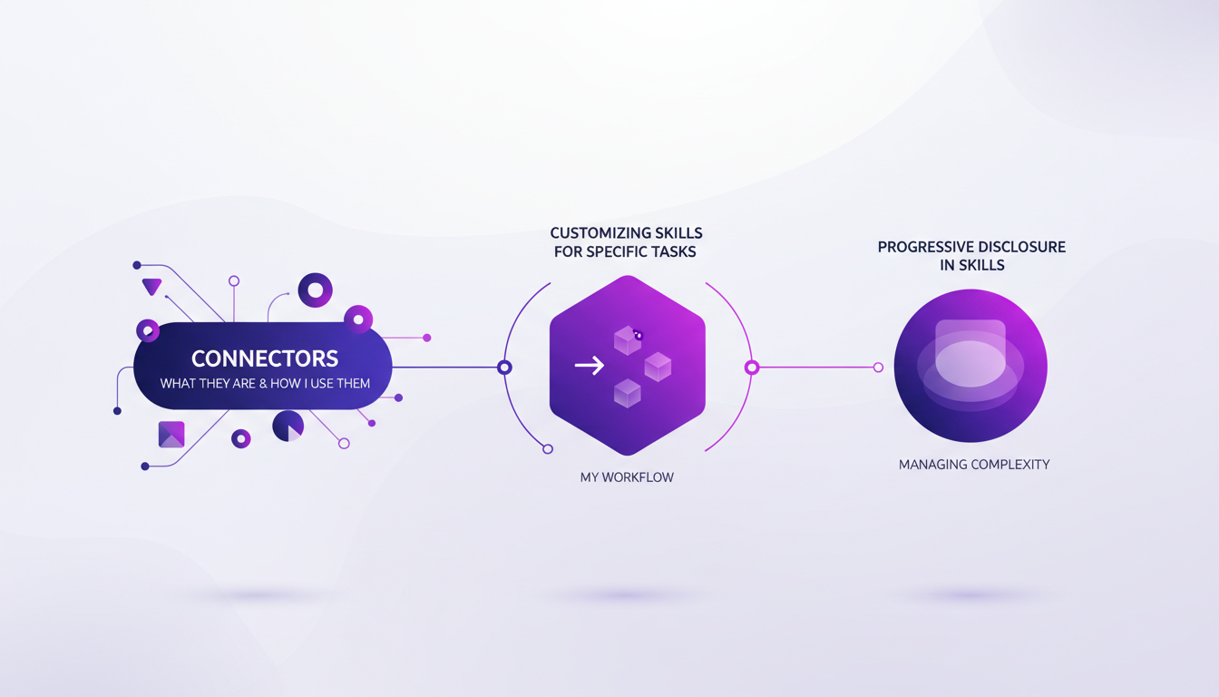 Modern illustration of customization with connectors and skills, featuring geometric shapes and violet gradients, AI technology theme.