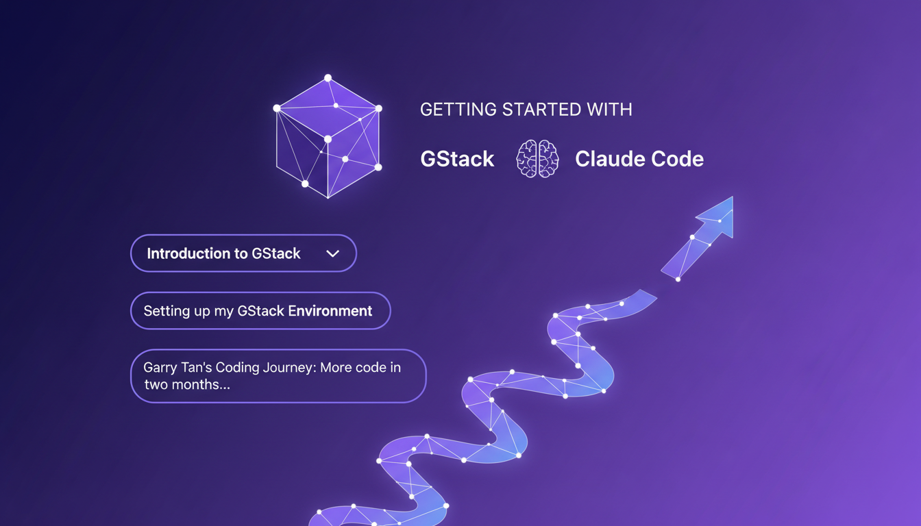 Illustration moderne de démarrage avec GStack et Claude Code, montrant l'innovation et l'accessibilité de l'IA, avec des formes géométriques.