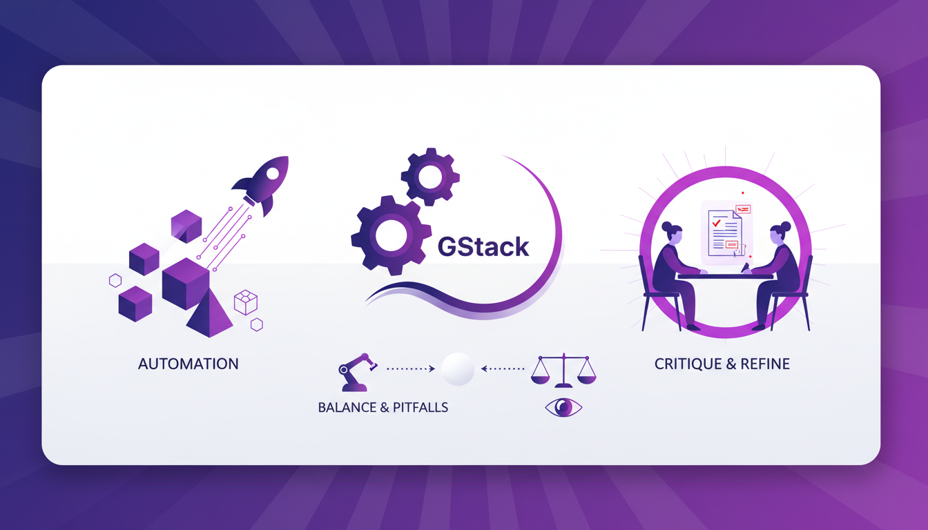 Illustration moderne de l'automatisation et de la revue contradictoire avec GStack, mettant en avant l'accélération du développement logiciel.