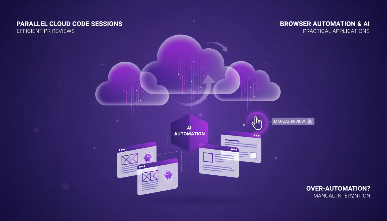 Illustration moderne de sessions parallèles de code cloud et automatisation du navigateur avec IA, utilisant des formes géométriques et des dégradés.