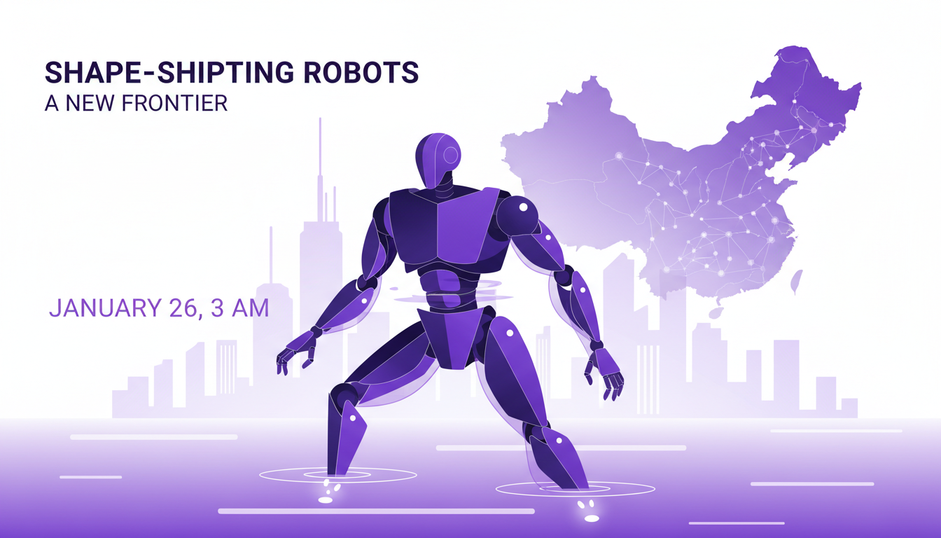 Modern illustration of shape-shifting robots exploring technology in China, biomimetic design, walking on water, indigo and violet palette.