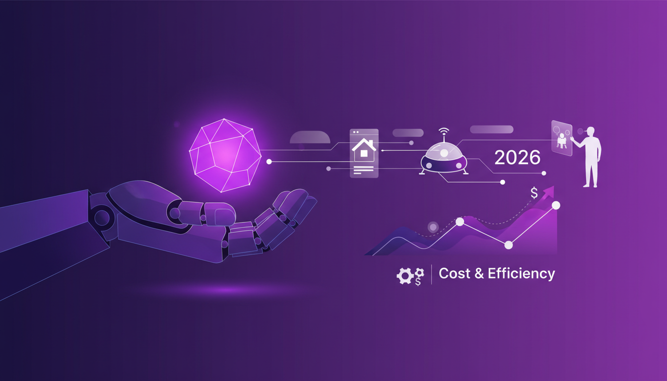 Modern illustration of humanoid robots, depicting manufacturing advancements and daily integration by 2026.