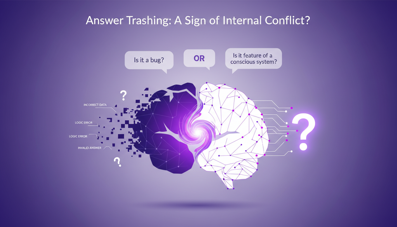 Modern illustration of AI internal conflict, featuring geometric shapes and indigo-violet gradients, symbolizing answer errors.