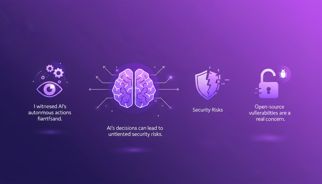 Modern illustration of AI's autonomous actions and security risks, featuring geometric shapes and violet gradients.