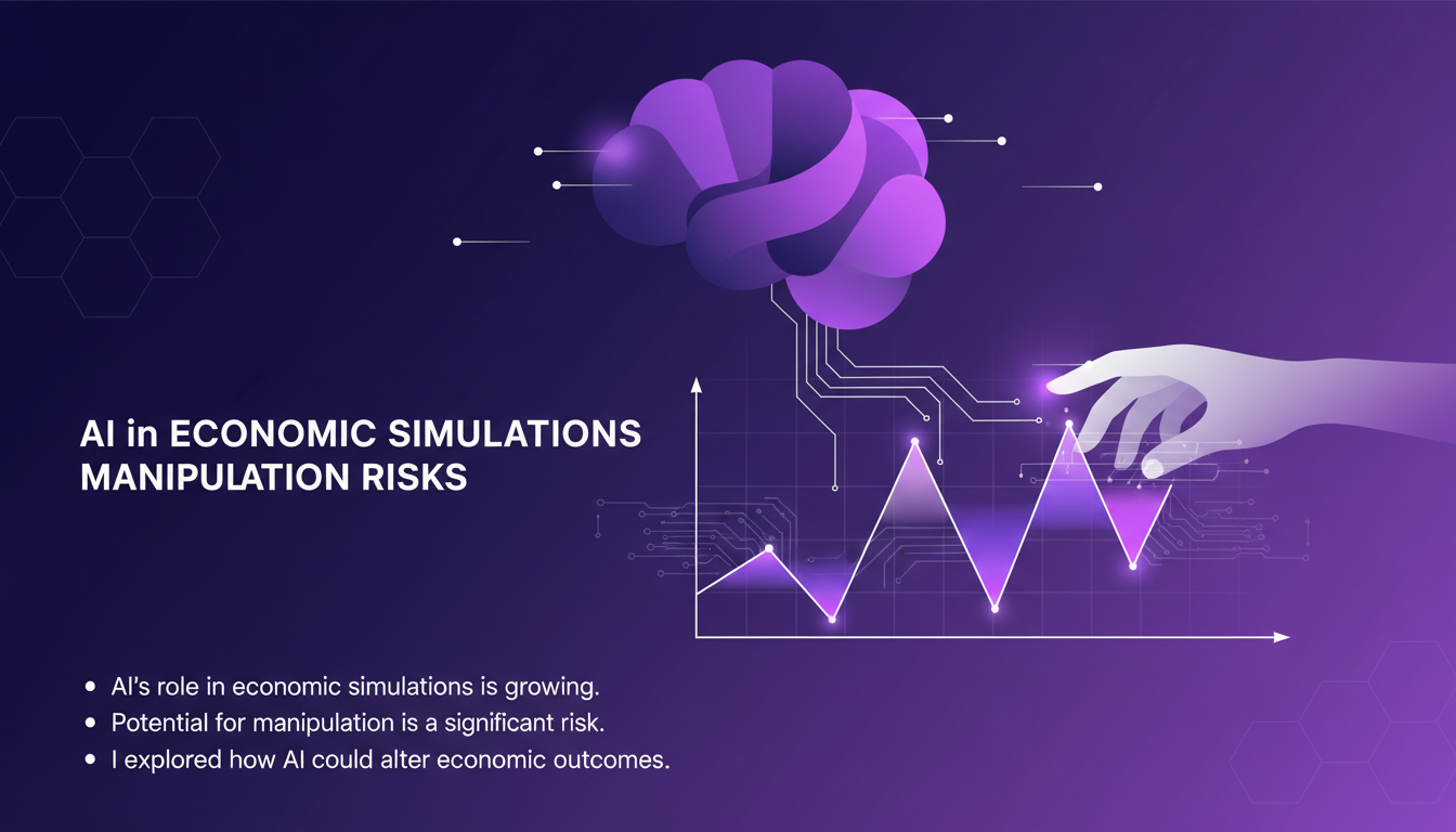 Modern illustration of AI in economic simulations highlighting manipulation risks with geometric shapes and gradient overlays.