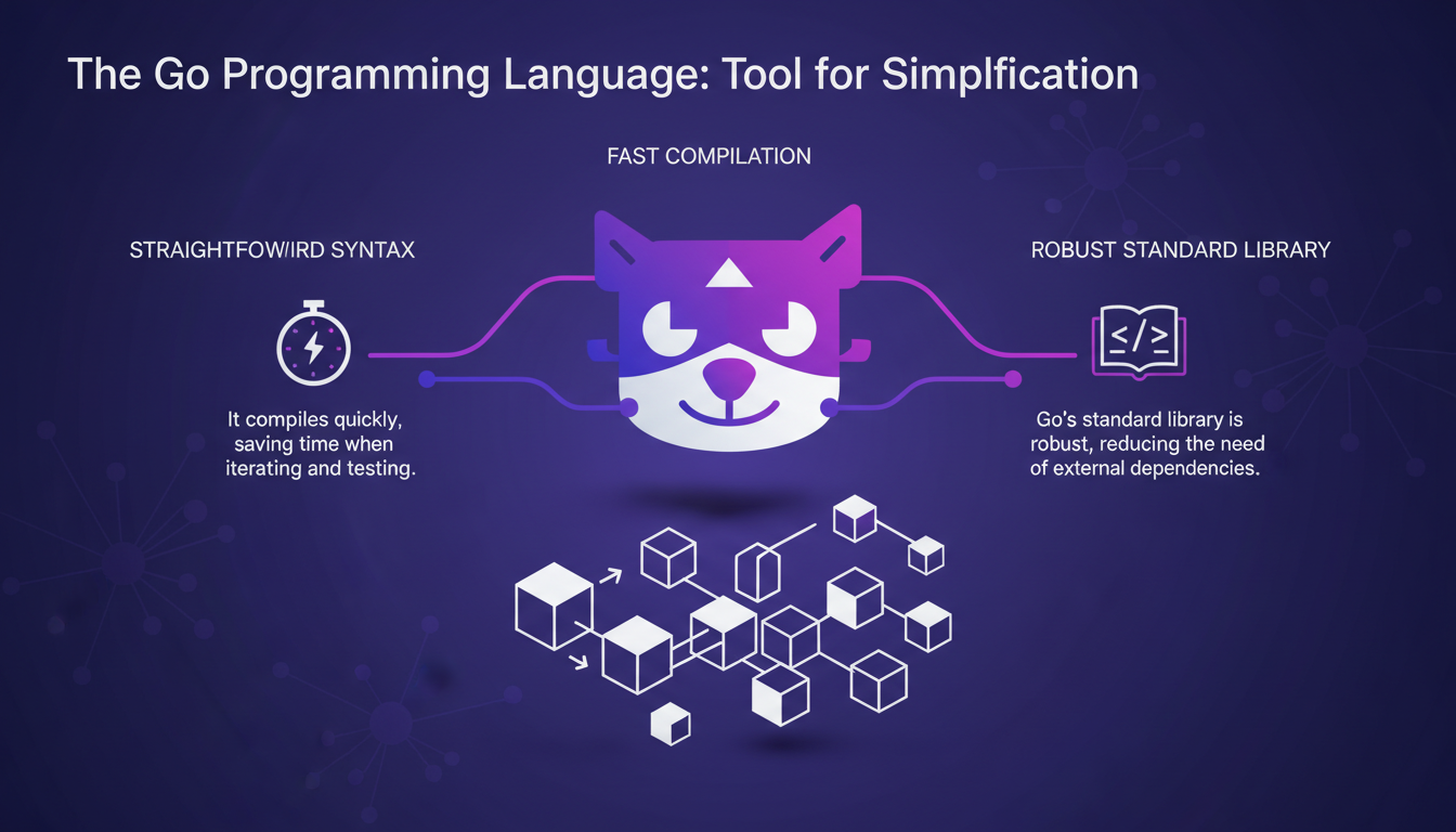 Modern illustration of Go programming language with geometric shapes and gradients, highlighting its simplicity and efficiency for large projects.