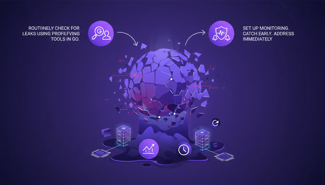 Modern illustration of the catastrophic impact of memory leaks at scale, featuring geometric shapes and violet gradients, symbolizing silent chaos.