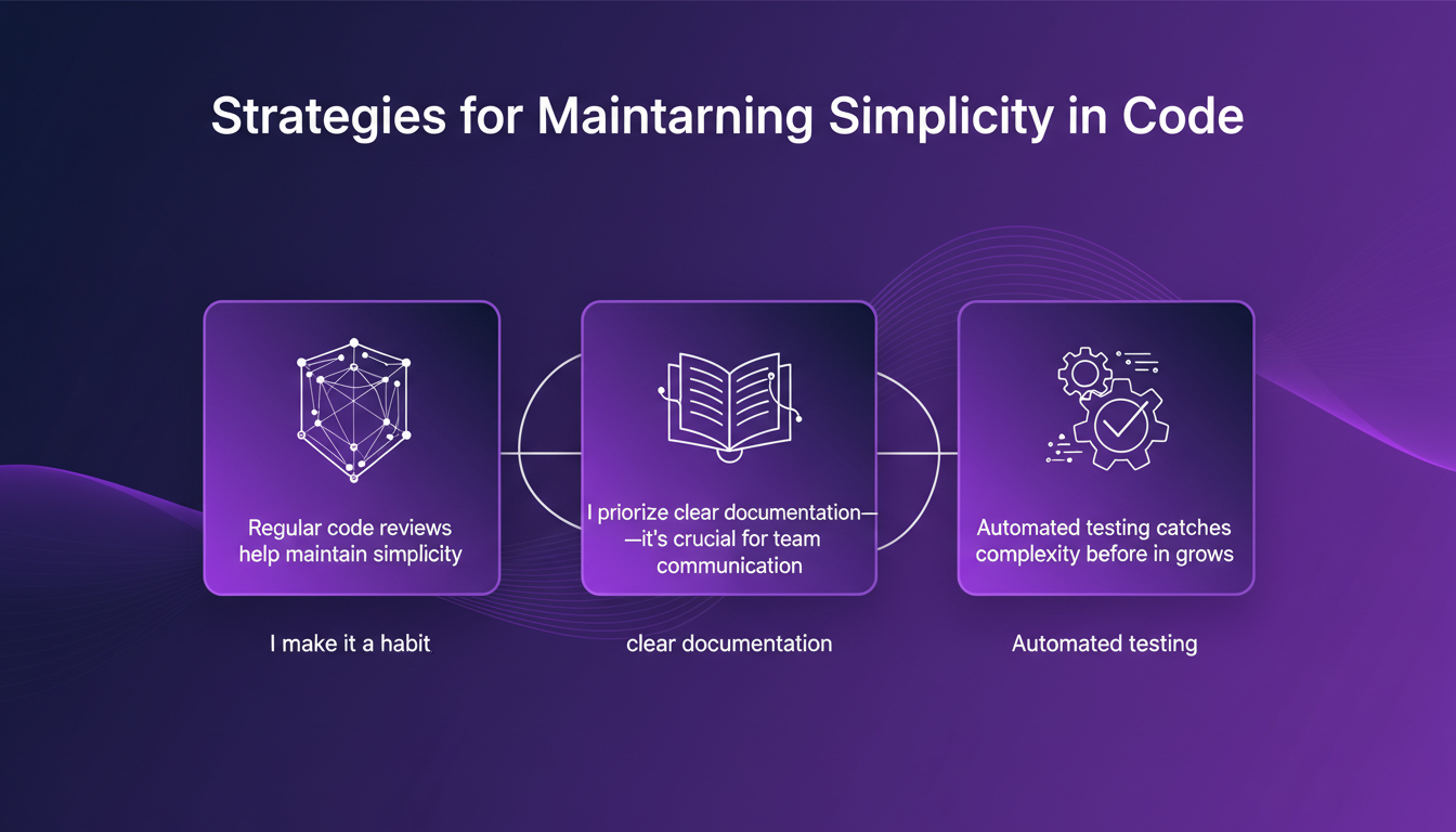 Modern illustration on code simplicity with geometric shapes and gradients, highlighting code reviews and automated testing.
