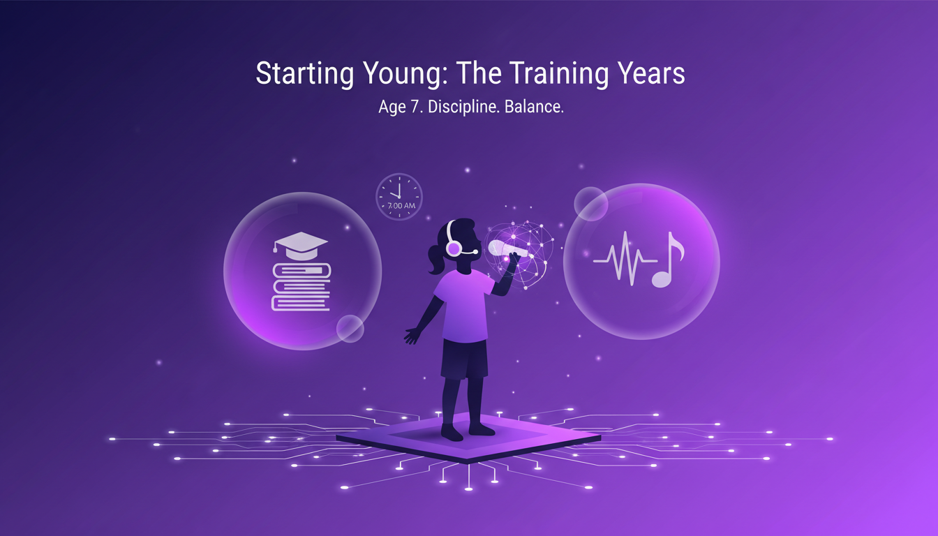 Illustration moderne d'un enfant de 7 ans en formation de chant, équilibrant école et pratique, dans des tons indigo et violet.