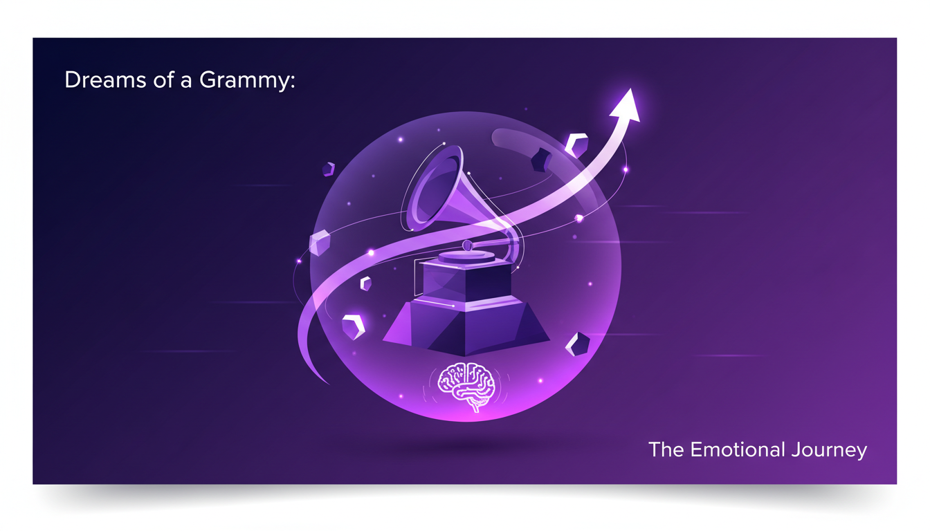 Illustration moderne minimaliste symbolisant le rêve de gagner un Grammy, avec des formes géométriques et des dégradés en indigo et violet.