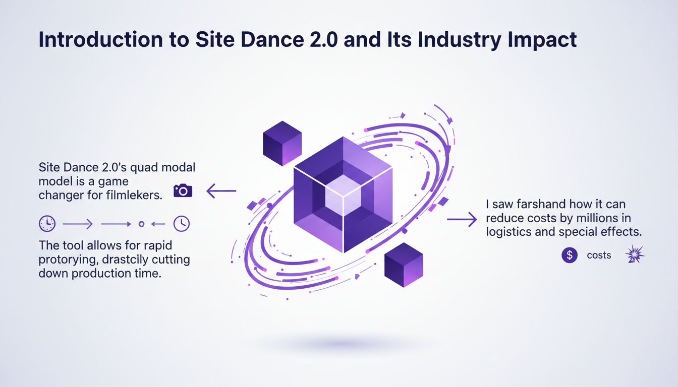 Illustration moderne de Site Dance 2.0 montrant son impact industriel avec des formes géométriques et des dégradés violets.