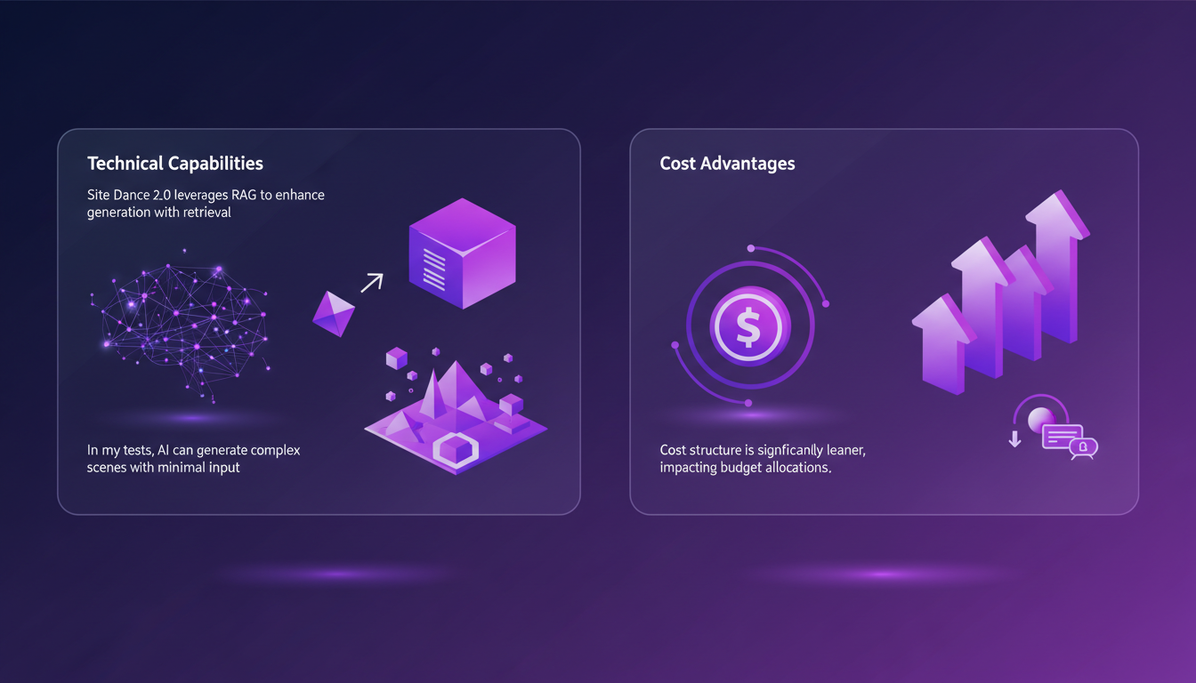 Illustration moderne de capacités techniques et avantages de coût avec IA, utilisant des formes géométriques et dégradés indigo et violet.