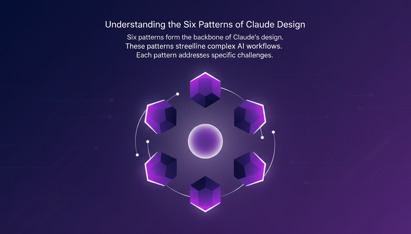 Illustration moderne des six motifs de conception Claude, avec formes géométriques et dégradés dans des tons indigo et violet.