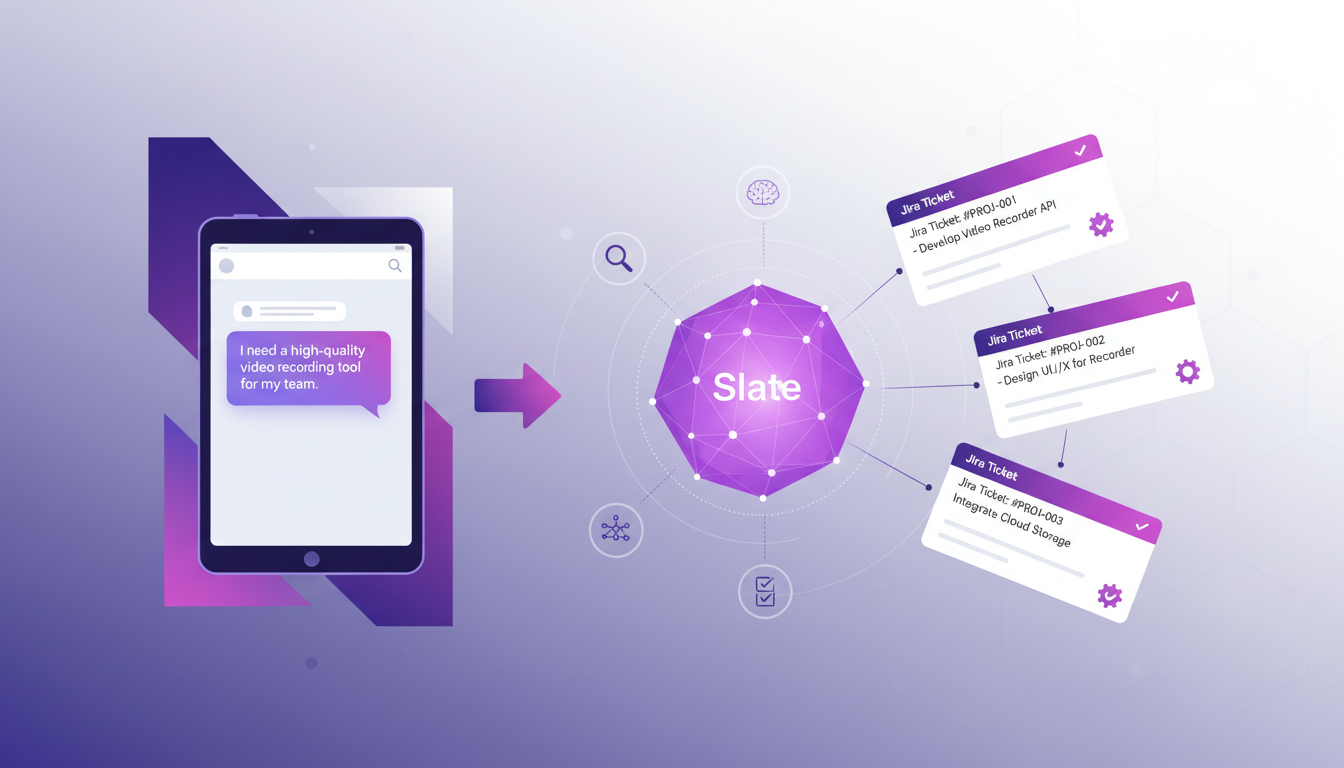 Modern illustration of Slate for a video recording tool, showcasing AI usage and Jira ticket management in a professional setting.