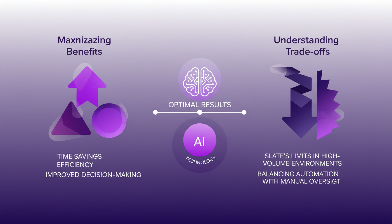 Modern illustration balancing automation and manual oversight, featuring geometric shapes and indigo-violet gradients for AI technology context.