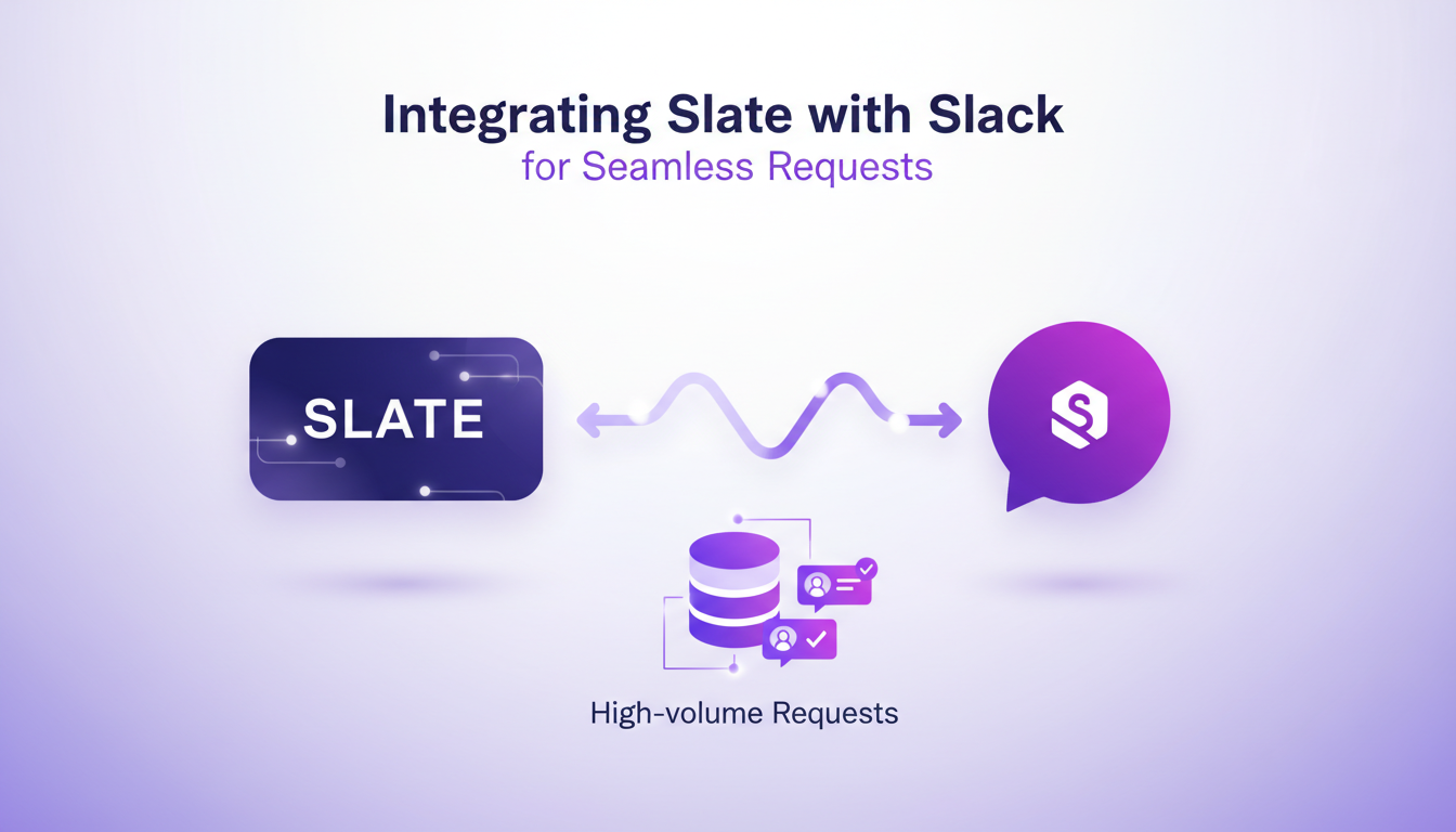 Illustration moderne intégrant Slate avec Slack pour des demandes en temps réel, améliorant la communication IT avec des formes géométriques et dégradés.
