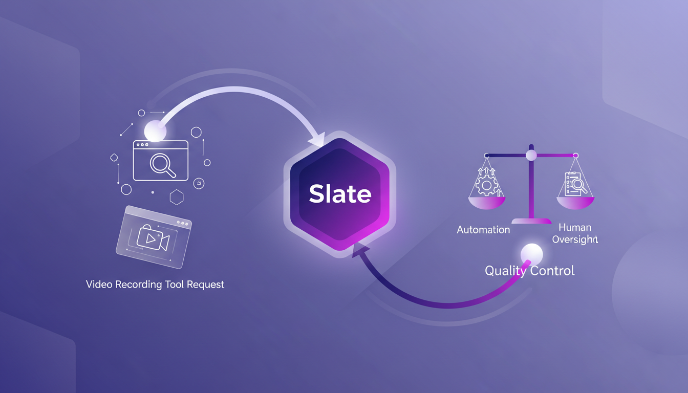 Illustration moderne de Slate évaluant des demandes de logiciels, avec des formes géométriques et des dégradés violets.