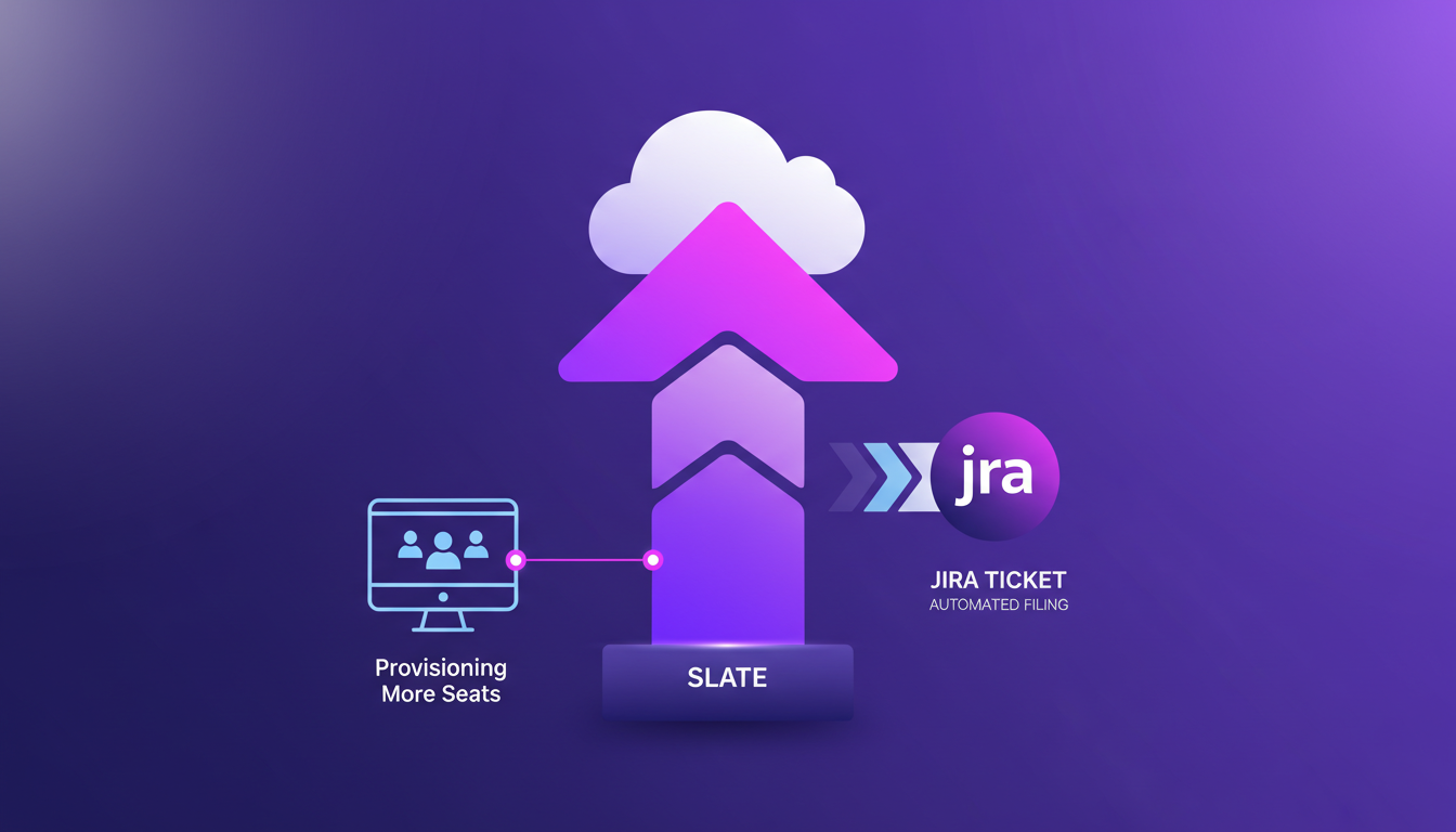 Illustration moderne de l'escalade des demandes et de la création de tickets Jira, avec des formes géométriques et des dégradés indigo et violet.